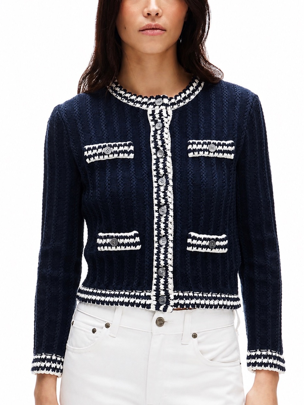 Crochet Lady Jacket Cardigan Navy Ivory Cotton Pointelle Sweater M